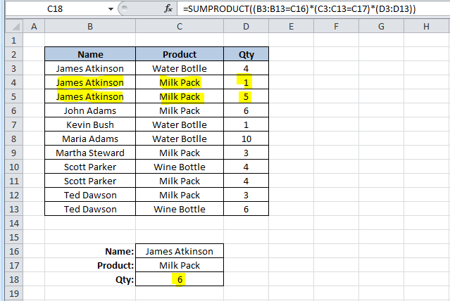 SUMPRODUCT function in Excel 2010.